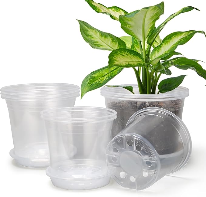 8/7/6 Inch Clear Nursery Pots with Drainage and Trays, 9 Pack Large Plastic Pots for Plant, Seedling Starter Pot, Garden Pots for Succulents Flower Vegetables Herb