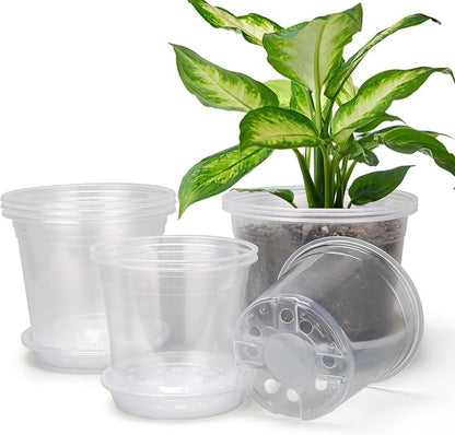 8/7/6 Inch Clear Nursery Pots with Drainage and Trays, 9 Pack Large Plastic Pots for Plant, Seedling Starter Pot, Garden Pots for Succulents Flower Vegetables Herb