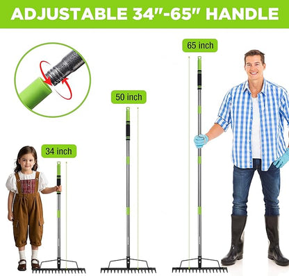 WORKPRO 65 Inch Bow Rake, 17 Tines Metal Head Rakes with High Strength Handle, Heavy Duty Garden Rake with Adjustable Handle for for Loosening Soil, Gathering Leaf, Leveling Lawn, Farming Land