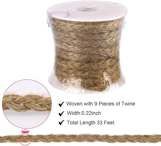 Natural Jute Twine with Green Leaf Ribbon – 33ft Decorative Vine Rope for Gardening, Plant Hanging, Crafts, Gift Wrapping, and DIY Projects (Jute Twine)