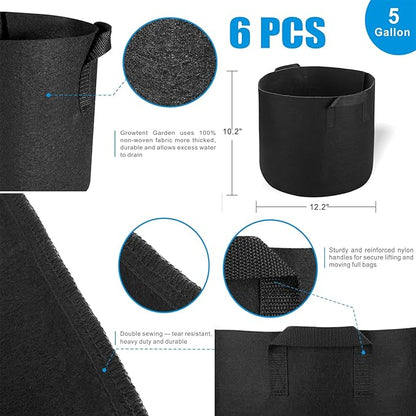 Garden Plant Bags / 6-Pack 5 Gallon Plant Grow Bags - Heavy Duty Thickened Non-Woven Aeration Fabric Pots with Strap Handles(Black) (5 Gallon)
