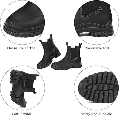 DKSUKO Rain Boots Women Waterproof Chelsea Boots Ankle Garden Shoes for Ladies Rubber Short Rainboots with Removable Comfort Insole for Outdoor Work Deck Mud Boots