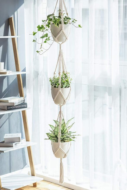 Mkono Macrame Plant Hanger 3 Tier Indoor Outdoor Hanging Planter Basket Cotton Rope with Beads 70 Inches (Pots and Plants NOT Included)