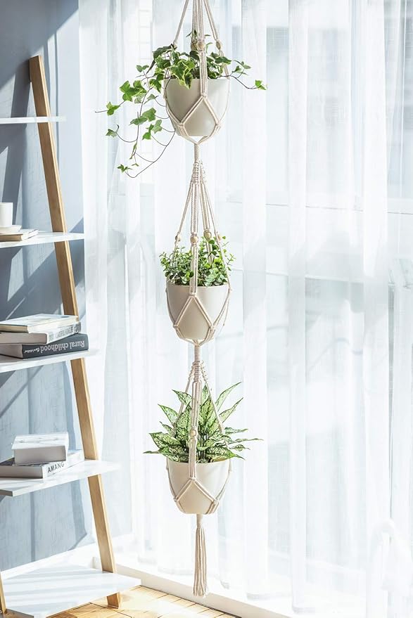 Mkono 1 Pack 43 Inch Macrame Plant Hanger and 1 Pack 70 Inches 3 Tier Macrame Plant Hanger Hanging Planter Basket
