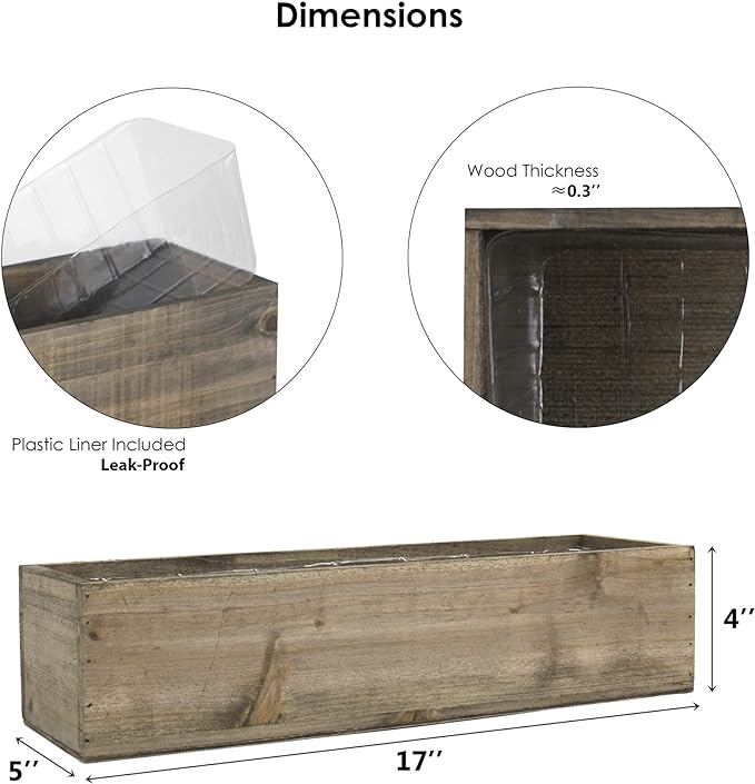 CYS EXCEL Brown Wooden Planter Box (17"x5" H:4") with Removable Plastic Liner | Multiple Colors Rustic Rectangle Indoor Decorative Box