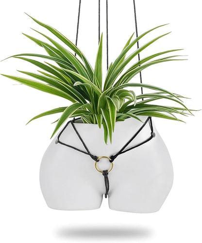 Funny Planter Gift for Plant Lovers: Cute Hanging Plant Pot for Outdoor Indoor Plants - Resin White Vase Succulents Pots with Rope