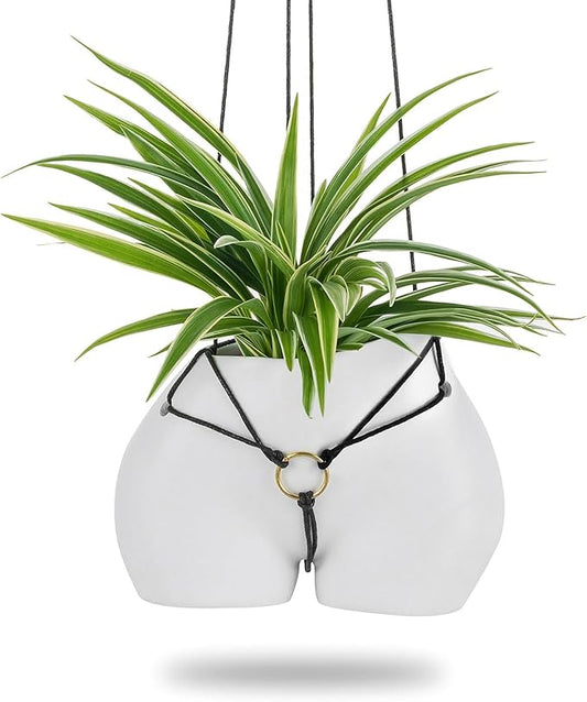 Funny Planter Gift for Plant Lovers: Cute Hanging Plant Pot for Outdoor Indoor Plants - Resin White Vase Succulents Pots with Rope