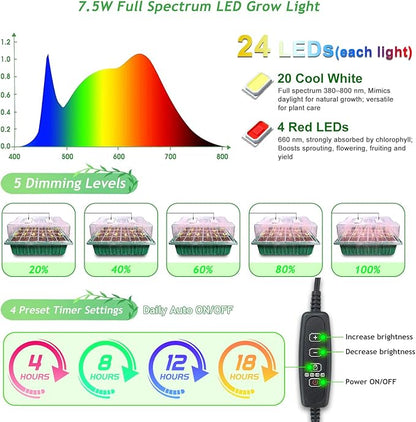 Seed Starter Tray with Grow Light and Heat Mat, Seed Starter Kit with Humidity Dome and Timing Controller, Adjustable Vent and Brightness, Ideal Germination Tray for Seed Starting and Seedling Growing