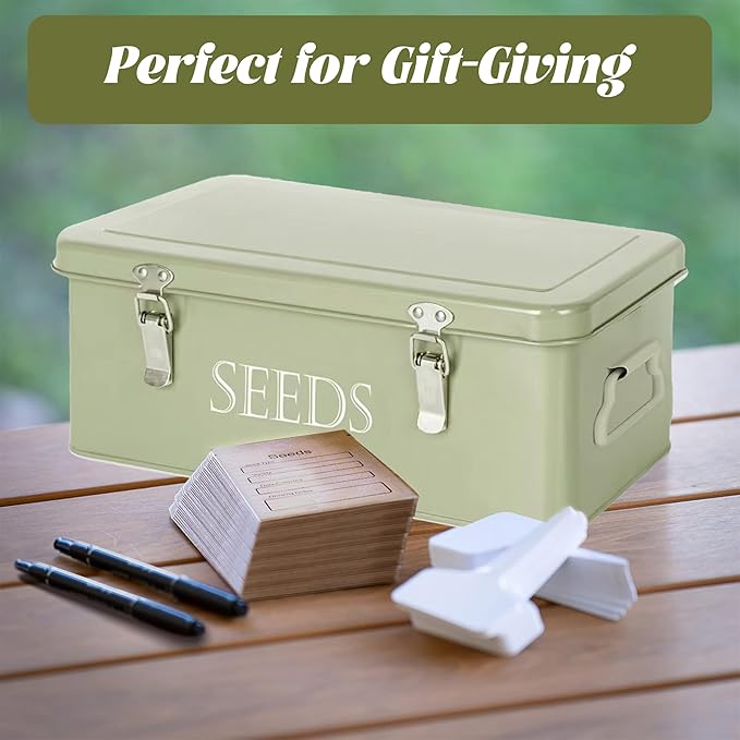 Seed Storage Box, Professional All-in-one Kit with 2 Pens, 20 Plant Labels and 50 Seed Envelopes, Metal Storage Organizer, Saving Box, Seed Packet Container, Large, Green