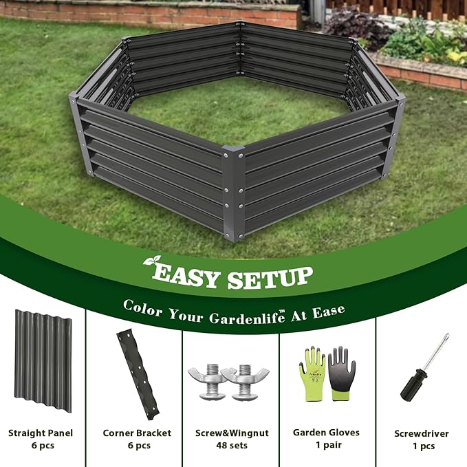 A ANLEOLIFE 6 Set Hexagon Galvanized Raised Garden Beds Outdoor,70x60x18in Metal Planter Box for Planting Vegetables Flowers Herb, Anti-Rust & Easy-Setup, Quartz Grey