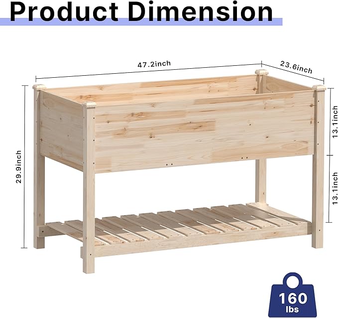 Gotland Raised Garden Bed with Legs, Raised Beds for Gardening with Storage Shelf Bed Liner Drainage Holes, Wooden Planter Raised Beds, Raised Planter Box for Backyard, Patio, Balcony, Natural