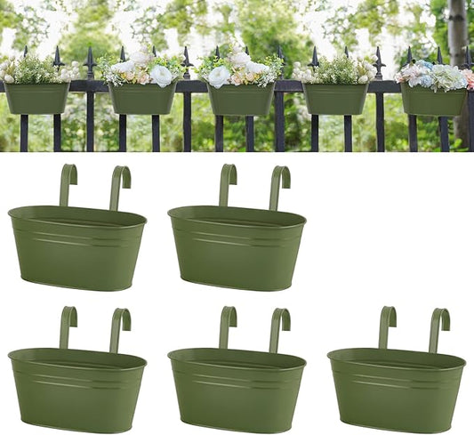 Dahey 10.5 Inch Metal Iron Hanging Flower Pots for Railing Fence Hanging Bucket Pots Countryside Style Outdoor Planter Window Flower Plant Holder with Detachable Hooks Home Decor,Green,5 Pcs