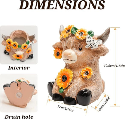 Highland Cow Planter, 4.3 Inch Resin highland cow figurine, Animal Pots With Drain, Cute Cow Planter Pots,Storage Containers For Outdoor Indoor Backyard Balcony Planters Home Garden Decor Gifts