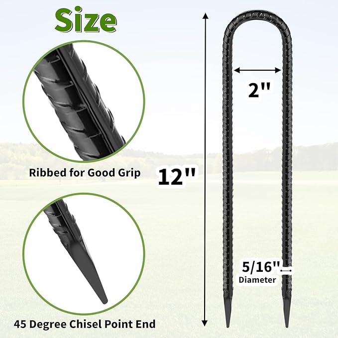 12 Inches Trampoline Wind Stakes 16-Pack, Heavy Duty U Stakes for Ground, Trampoline Tie Down Anchor Kit for Swing Set and Soccer Goal Galvanized Steel Anchors Black
