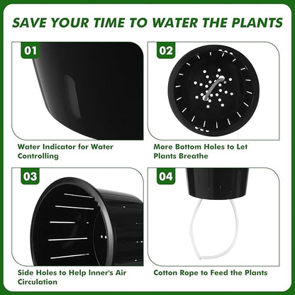 Planterhoma 5/6.7 Inch Self Watering Pots for Indoor Plants, 8 Packs Self Watering Planters for Orchid, Spider Plant, Devil's Ivy & African Violet, Water Indicator & Black Wick Pots, Black