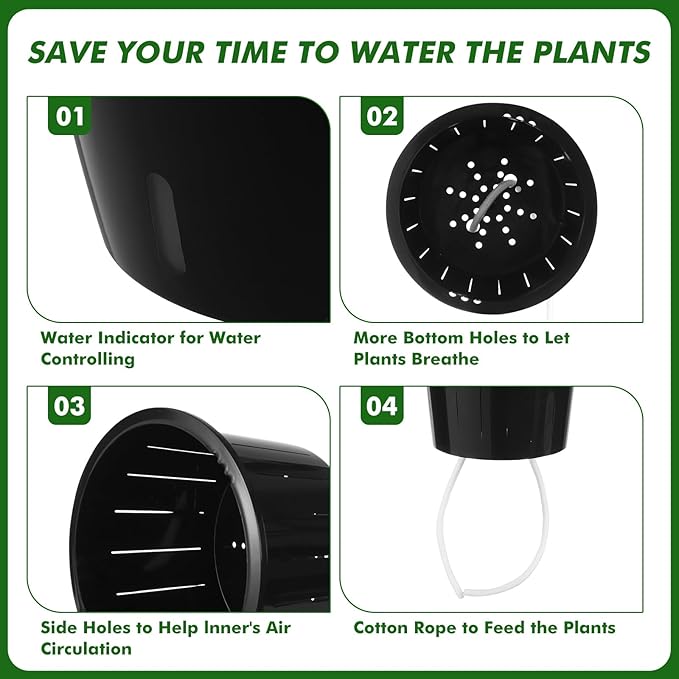 Planterhoma 5 Inch Self Watering Pots for Indoor Plants, 12 Packs African Violet Pots with Indicator, Black Wick Pot with Drainage Holes, Self Watering Planters for Orchid, Devil's Ivy, Black