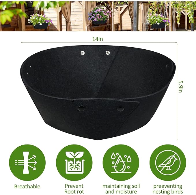 14Inch Round Fabric Planter Liners (4pcs), Felt Flower Pot Liners for Hanging Baskets, Planter Liner for Garden Flower Vegetables Plant Indoor/Outdoor (Black)