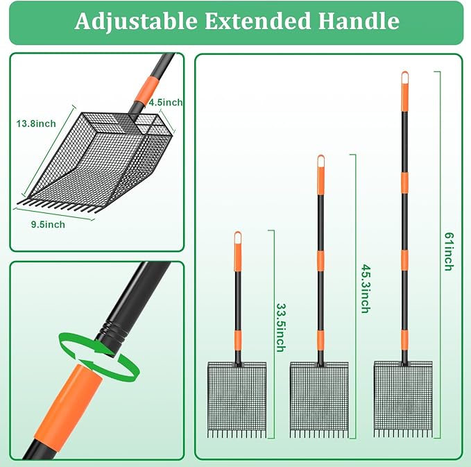 2-in-1 Chicken Poop Scooper & Rake, Heavy-Duty Chicken Coop Scoop with 33-61" Adjustable Handle and 14" Long Shovel Head, Metal Litter Scoop Sand Poop Shovel, Chicken Coop Cleaning Accessories