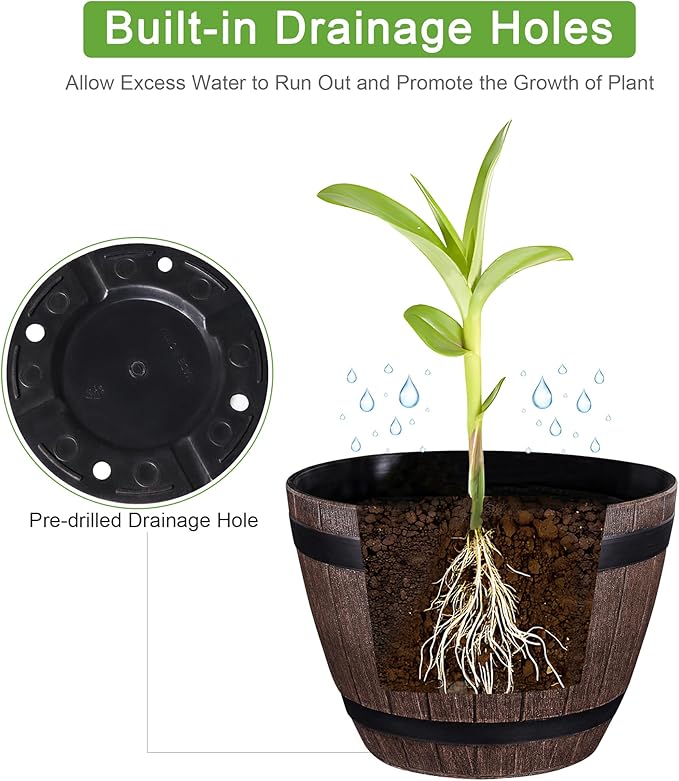 VECELO Plant Pots with Drainage Holes & Saucer, 9/11.3/13 Inch Flower Pots with Tray, 3 Pack Plastic Whiskey Barrel Planters for Indoor & Outdoor Garden Home Plants and Flowers