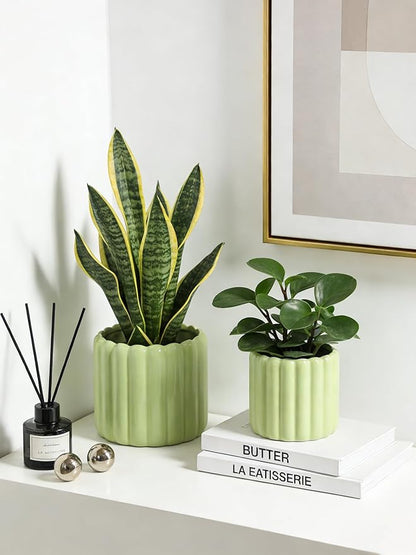 Ceramic Plant Pots,6 inch+4.7 Inch Planter Pot with Drainage Holes,Ceramic Planters for Indoor Plants,Modern Flower Pots for Indoor Outdoor Plants House & Office Décor,Green
