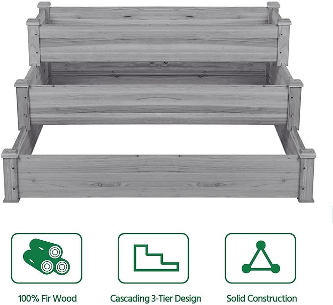 Topeakmart 3 Tier Raised Garden Bed Wood Garden Box Wooden Vegetables/Flower/Herb Elevated Garden Planter Boxes Outdoor, Gray