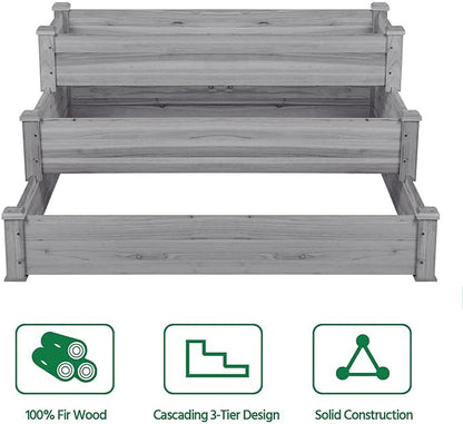 Topeakmart 3 Tier Raised Garden Bed Wood Garden Box Wooden Vegetables/Flower/Herb Elevated Garden Planter Boxes Outdoor, Gray
