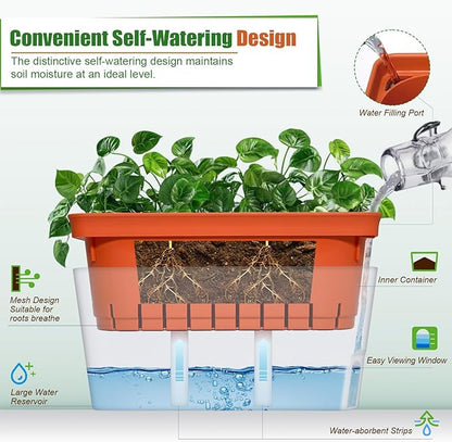 OurWarm Windowsill Herb Planter Box Indoor Set of 3, 10.5 Inch Self Watering Planter Pots with Visual Water Level Window, Modern Plastic Plant Pots for Herbs, Vegetables, Succulents Plants