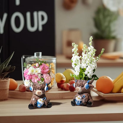 Highland Cow Planter, Resin Succulent Plant Pot with Drainage Hole, Cute Cow Planter Flower Pots for Cactus, Succulent for Indoor Plants Home Office Garden, Best Gift for Plant Lovers