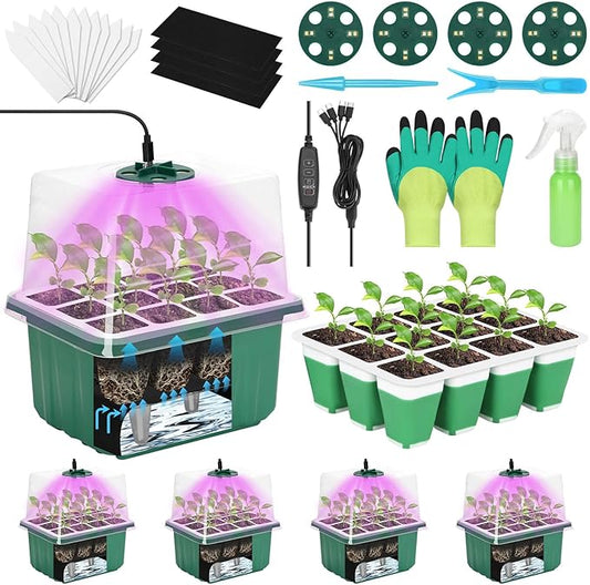Mckanti 4 Set Self-Watering Seed Starter Tray Kits with Grow Light, Reusable Seed Germination Kit with Adjustable Humidity Domes and Silicone Cell Base Tray for Indoor Plant Seed Germination
