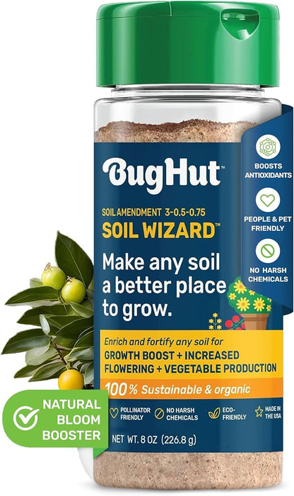 BugHut Soil Wizard Organic Soil Amendment – All Purpose Plant Food for Houseplants, Vegetables, Flowers, and Herbs - Chemical-Free Nutrient Source for Indoor & Outdoor Gardens - 8 oz. Shaker
