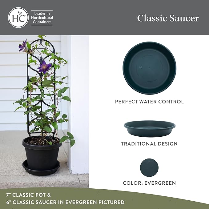 The HC Companies Flower Pot Saucers - Plastic Plant Saucer for Outdoors & Indoors - Traditional Design Plant Pot Trays for Water Drainage - Durable & Stylish Round Plant Tray (6-inch Evergreen)
