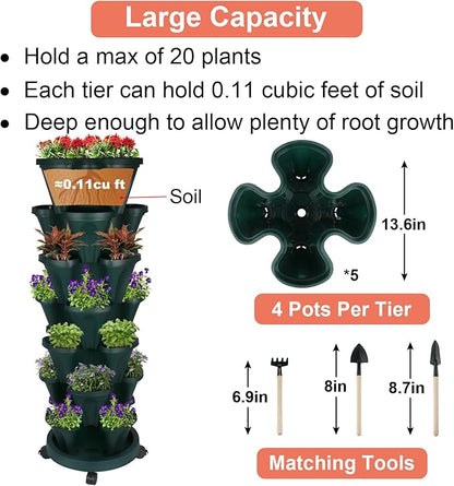 GameXcel Vertical Planter 7 Tier Stackable Planters Garden Planters Strawberry Herb Flower and Vegetable Planter Indoor Outdoor Gardening Pots with Removable Wheels and Tools
