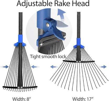 Adjustable Leaf Rake, Metal Garden Rakes for Lawns Heavy Duty Leaves with Expandable Head 8-17", Yard Women Kids Rake for Gardening RV Camping 30-50 inch