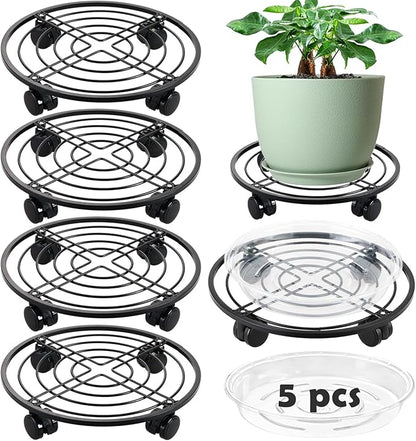 5 Packs 13.5" Metal Plant Caddy with Wheels Large Rolling Plant Stands Indoor Wheeled Plant Dolly Heavy-duty Planter Mover Roller Base Outdoor GardenTrolley Cart Water-proof, Plant Saucers on Wheels