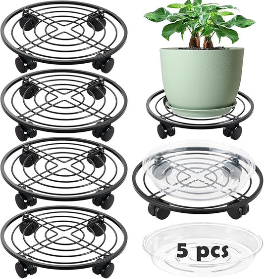 5 Packs 13.5" Metal Plant Caddy with Wheels Large Rolling Plant Stands Indoor Wheeled Plant Dolly Heavy-duty Planter Mover Roller Base Outdoor GardenTrolley Cart Water-proof, Plant Saucers on Wheels