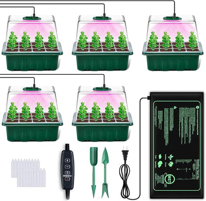 YAUNGEL Seed Starter Tray with Grow Light, 5 Pack Seed Starter Kit with Heat Mat, Seedling Starter Trays with Timing Controller Adjustable Brightness, Thicken Trays with Humidity Domes