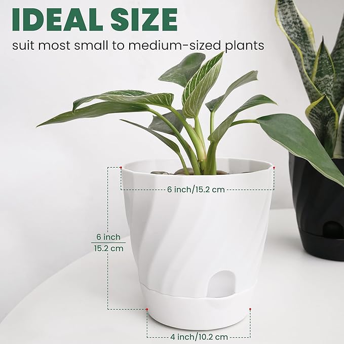 Plant Pots with Drainage, Self Watering Pots for Indoor Plants, Home Decor Flower Planters, 4 Pack 6 Inch Plastic Planters Succulent Pots, White