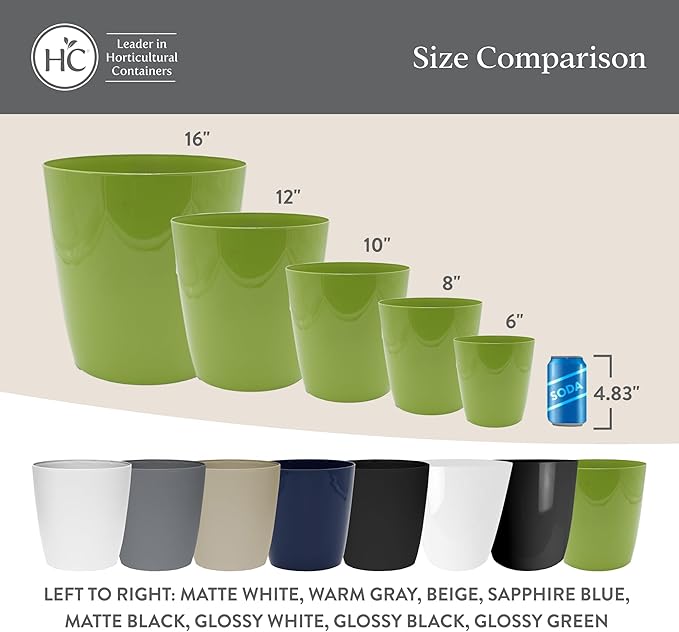 The HC Companies Aria Round Self-Watering Pot - Lightweight Plastic Planter for Herbs & More - Durable Plant Pots for Indoor Plants & Outdoor Plants (12" Glossy Black, Pack of 1)