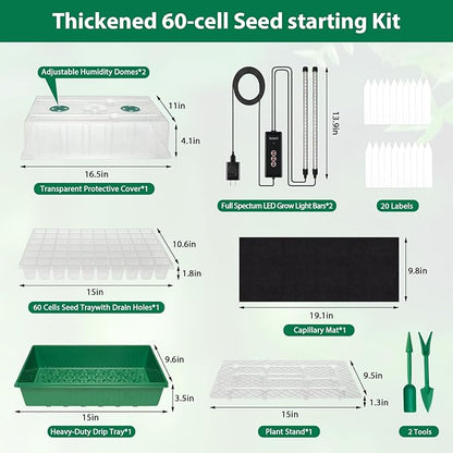 Seed Starter Tray, 60-Cell Self-Watering Seed Starter Kit with Grow Light and 4.07” Humidity Dome, Indoor Plant Starter Trays for Seed Germination & Gardening Supplies