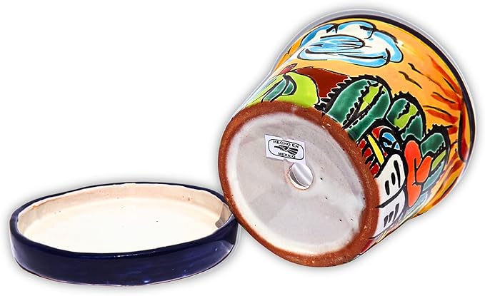 Talavera Mexican Pottery Planters with Saucer 4" Rancherito - Cactus - Sun Pot Hand Painted Ceramic Plant Pot Planter Indoor Outdoor (Rancherito)
