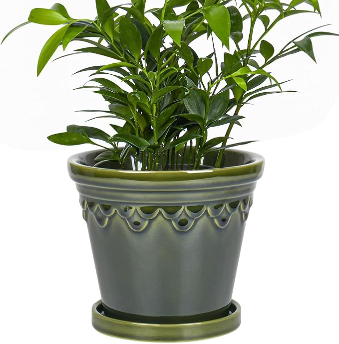 6.3 Inch Ceramic Planter, Plant Pot with Drainage Hole and Saucer, Decorative Glaze Flower Pot for Indoor Plants (Olive Green)