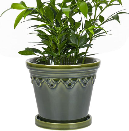 6.3 Inch Ceramic Planter, Plant Pot with Drainage Hole and Saucer, Decorative Glaze Flower Pot for Indoor Plants (Olive Green)