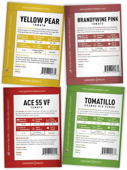 Gardeners Basics, Heirloom Tomatoes for Planting 8 Variety Pack, San Marzano, Roma VF, Large Cherry, Ace 55 VF, Yellow Pear, Tomatillo, Brandywine Pink, Golden Jubilee Tomato Seeds for Garden Non GMO
