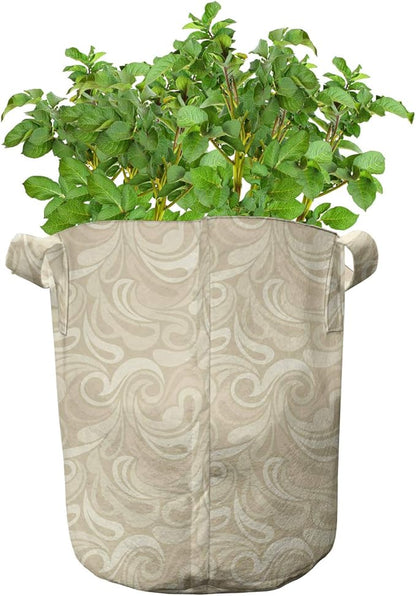 Lunarable Ivory and Beige Grow Bags 5-Pack, Ornamental Paisley, Heavyduty Fabric Pots with Handles for Plants, Beige and Ivory