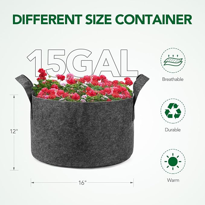 Delxo 12-Pack 15 Gallon Heavy Duty Aeration Fabric Pots Thickened Nonwoven Plant Grow Bags Grey