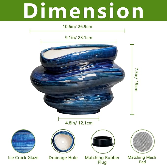 Ceramic Pots for Plants - 10.6 Inch Ceramic Planter with Drainage Hole, Decorative Planters for Indoor Outdoor, Unique Flower Pots, Garden Office House Decor, Birthday Housewarming Gifts, Blue