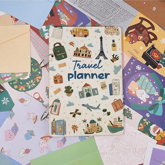 SUPERDANT Travel Planner Greeting Card Organizer Travel Journal Card Keeper Vacation Planner Cards Holder Wooden Keeper Binder Photo Album 2-Rings Cover 2-Rings Cover with Punch and 20 Inner Pockets