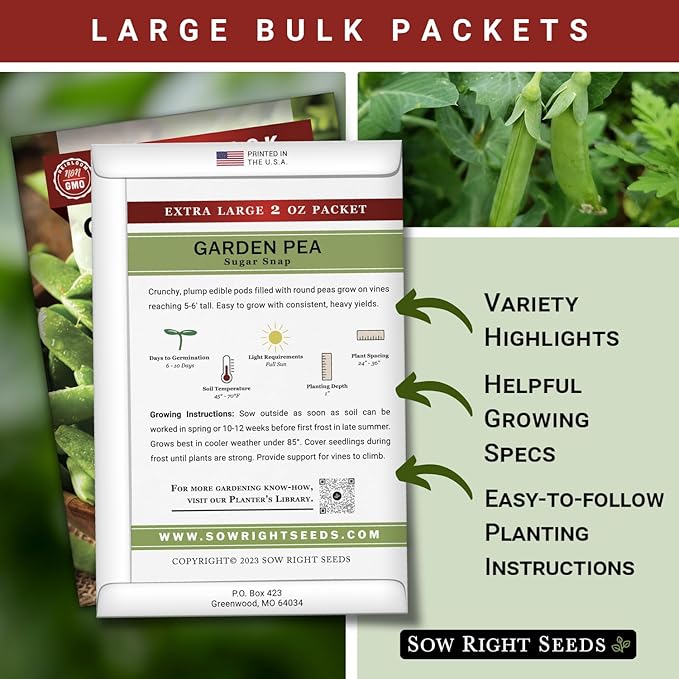 Sow Right Seeds - Bulk Sugar Snap Pea Seeds for Planting - 2 Ounce, 225 Seeds - Non-GMO Heirloom Jumbo Pack with Instructions to Plant a Home Vegetable Garden - Enjoy a Cool Season Bountiful Harvest