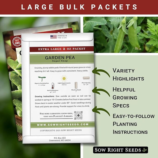 Sow Right Seeds - Bulk Sugar Snap Pea Seeds for Planting - 2 Ounce, 225 Seeds - Non-GMO Heirloom Jumbo Pack with Instructions to Plant a Home Vegetable Garden - Enjoy a Cool Season Bountiful Harvest