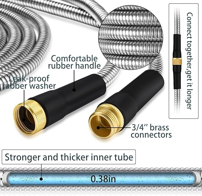 HmiL-U Silver Metal 50FT Garden Hose with 8 Function Nozzle, Heavy Duty, Kink Free, Rust-proof, Anti-puncture, Lightweight, Durable, Weatherproof, 600 Inches, 2 Inches Width